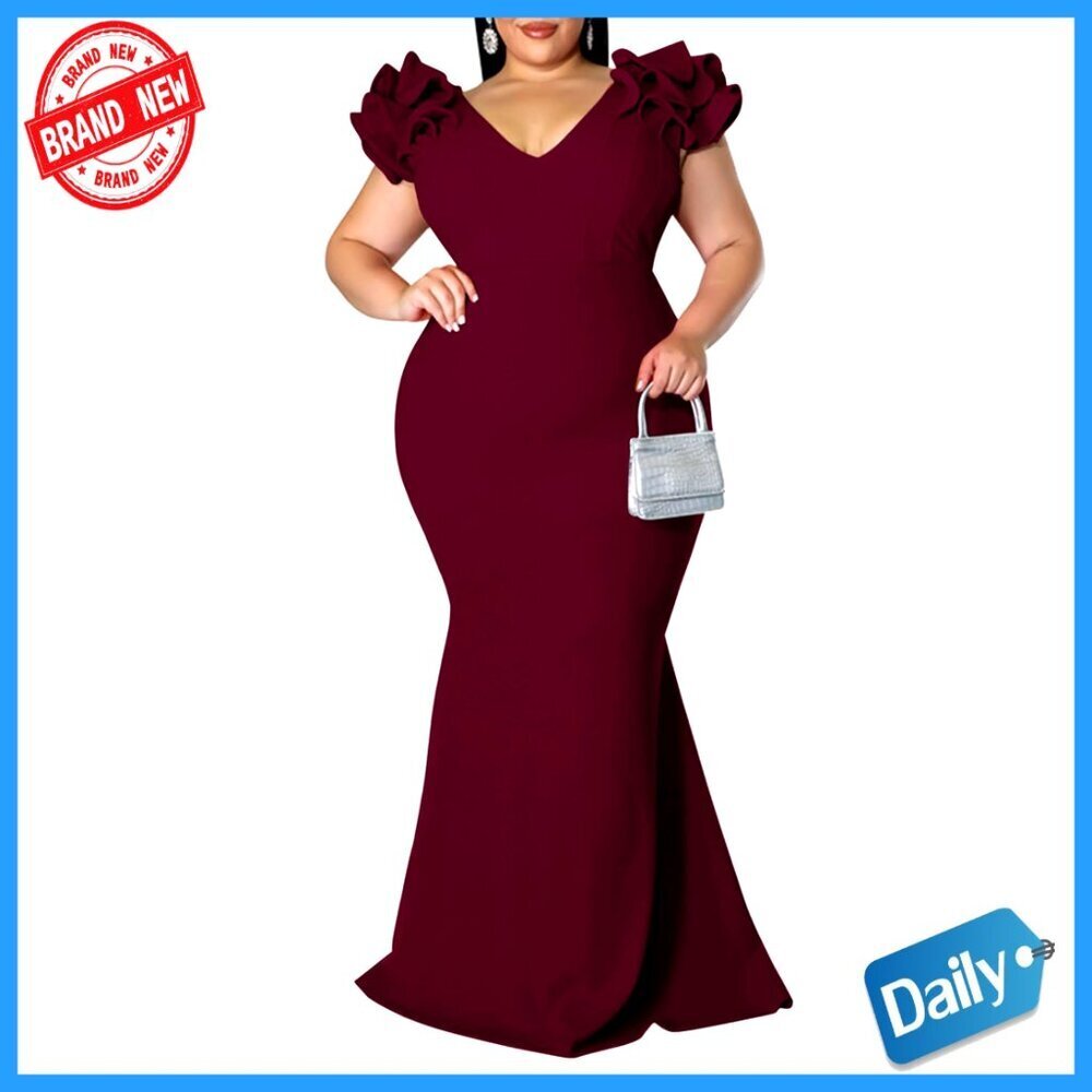 Elegant V-Neck Ruffle Sleeves Bodycon Mermaid Maxi Dress Formal Evening Gown